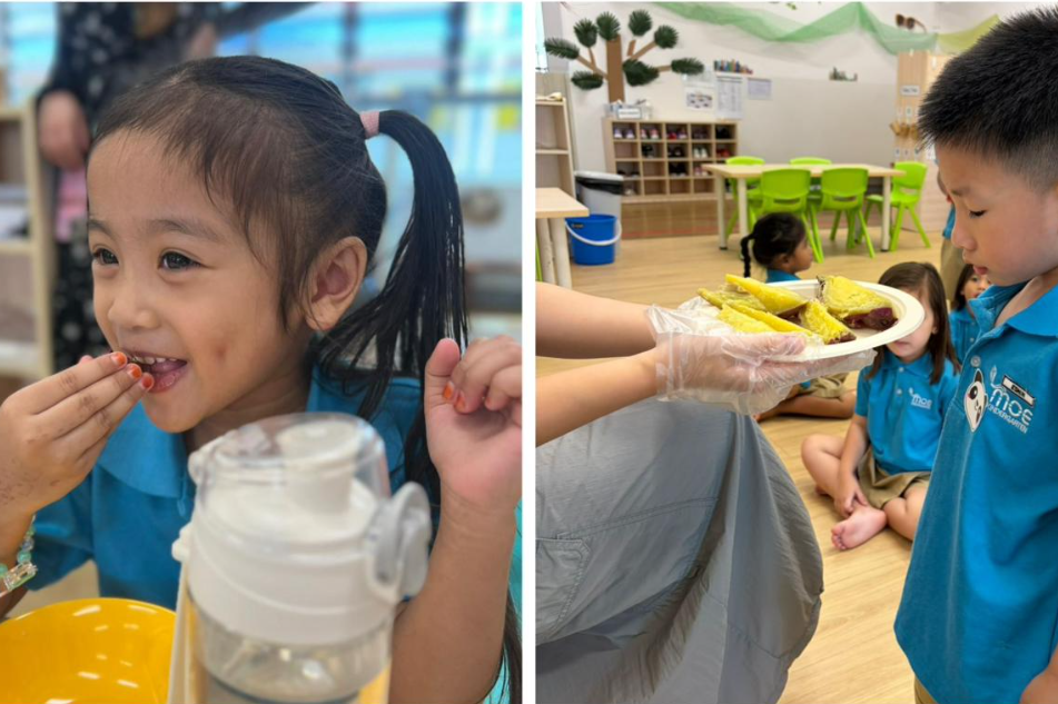 Girl with pigtails eats a snack; in a classroom, a boy is offered a plate of food by gloved hands.